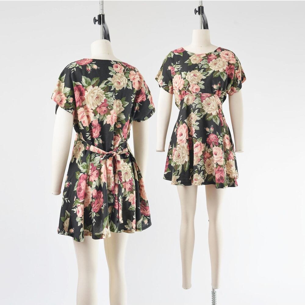Vintage 90s Black Floral Babydoll Top Empire Waist Mini Dress size S M